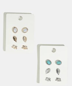 3-Pair Elephant & Leaf Stud Earrings