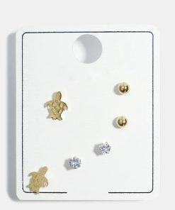 3-Pair Turtle & Gemstone Earrings Set