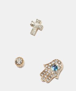 3-Pair Cross & Hamsa Hand Stud Earrings