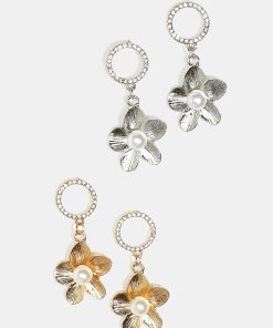 Sparkly Circle & Flower Dangle Earrings