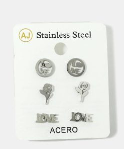 3-Pair LOVE & Rose Stud Earrings