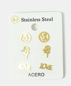 Alternative view of 3-Pair LOVE & Rose Stud Earrings