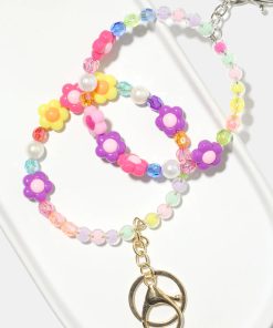 Pastel Flower Bead Bracelet Keychain