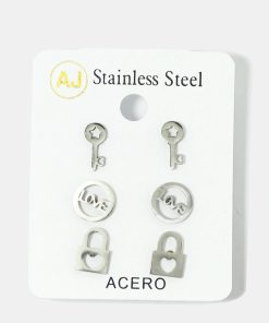 3-Pair Key & Lock Stud Earrings