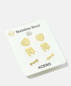 3-Pair Arrow & Heart Stud Earrings