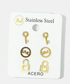 Alternative view of 3-Pair Key & Lock Stud Earrings