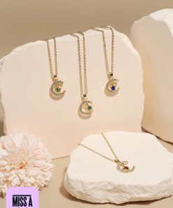 Miss A Birthstone Necklace - Moon + Star