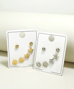 3-Pair Flower & Rose Stud Earrings