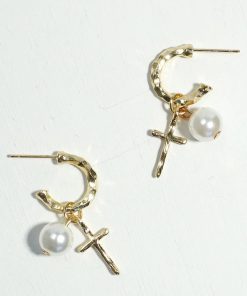 Pearl & Cross Dangle Earrings