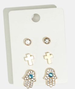 Alternative view of 3-Pair Cross & Hamsa Hand Stud Earrings